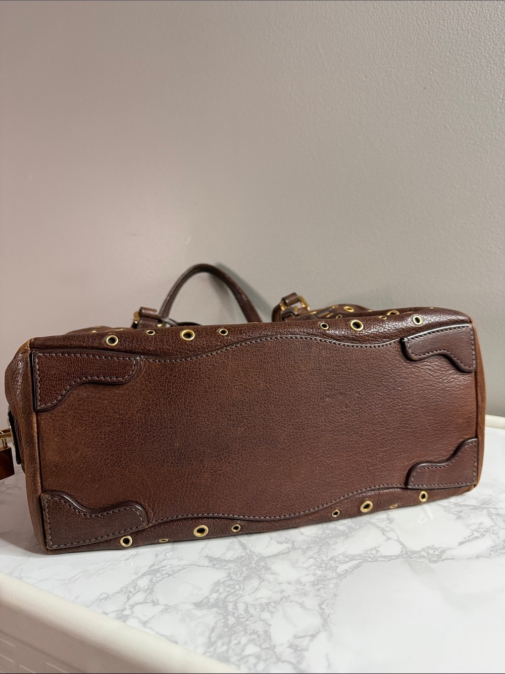Prada Dark Brown Leather Grommet Satchel with Gold Hardware - Picture 6 of 12